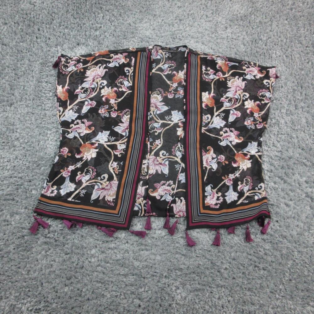 White House Black Market Kimono Womens Small Medium Black Floral Tassel Boho Top